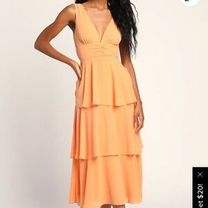 Lulus: Celebration Time Light Orange Sleeveless Tiered Midi Dress